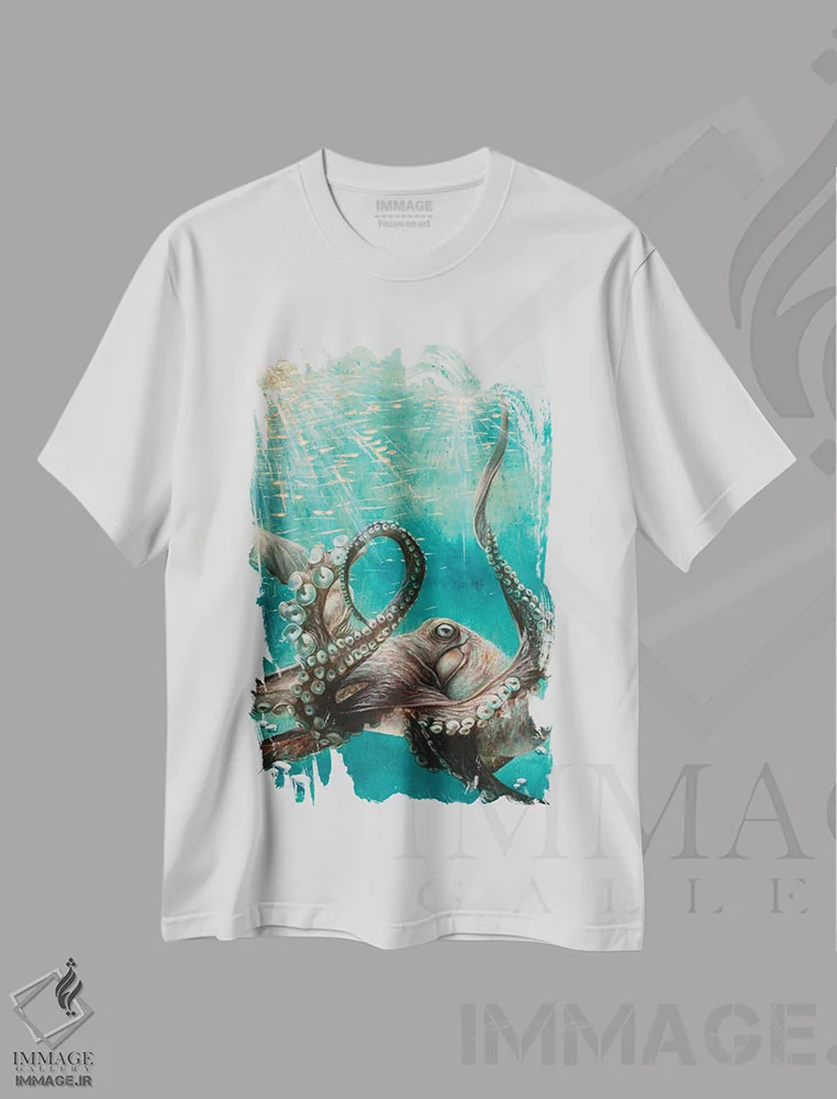 تیشرت سفید طرح دار هشت پا، تزئینی اثر جسیکا پیدکاک | فروشگاه ایماژ