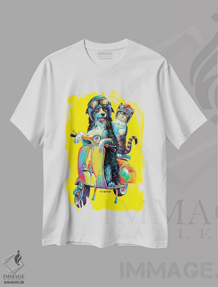 تیشرت سفید طرح دار جفت روی اسکوتر در زرد اثر پی.دی. مورنو | immage.ir