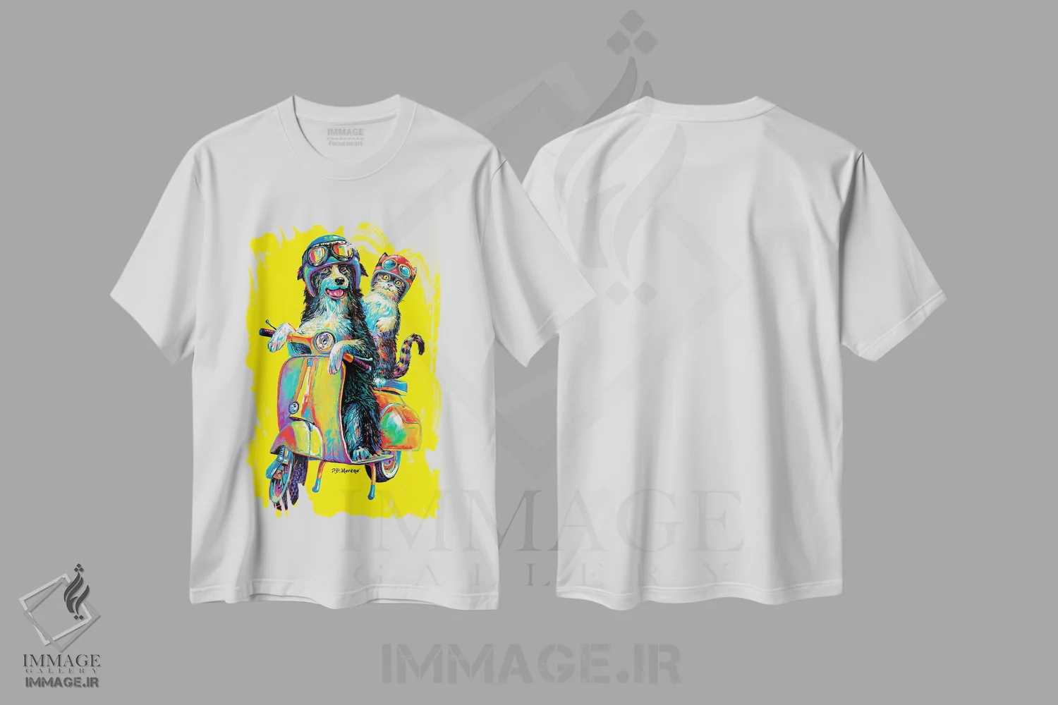 تیشرت سفید طرح دار جفت روی اسکوتر در زرد اثر پی.دی. مورنو | immage.ir