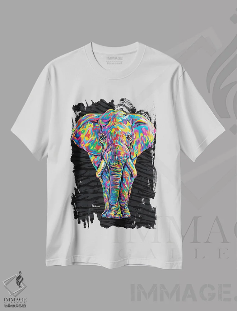 تیشرت سفید طرح دار فیل رنگی، دکور معاصر اثر پی.دی. مورنو | فروشگاه ایماژ