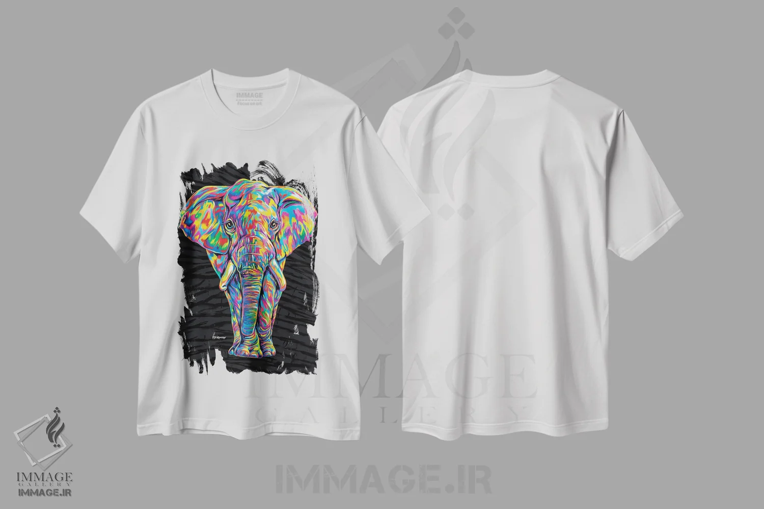 تیشرت سفید طرح دار فیل رنگی، دکور معاصر اثر پی.دی. مورنو | فروشگاه ایماژ
