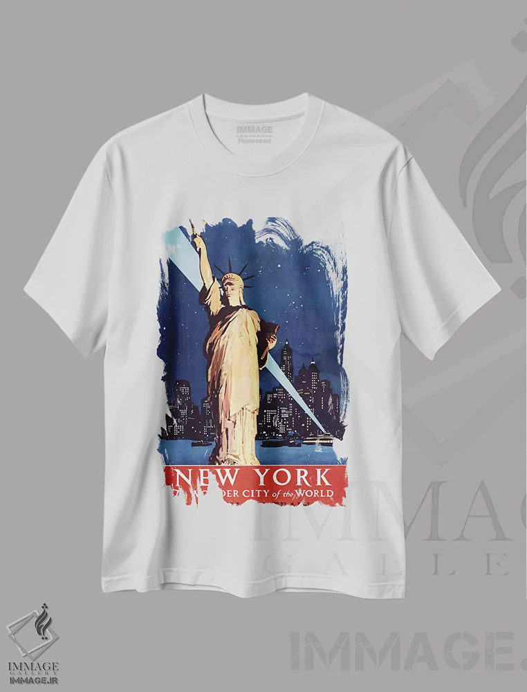 تیشرت سفید طرح دار پوستر سفر قدیمی مجسمه آزادی نیویورک، دهه 1920، تزئینی اثر پیدیکس | immage.ir