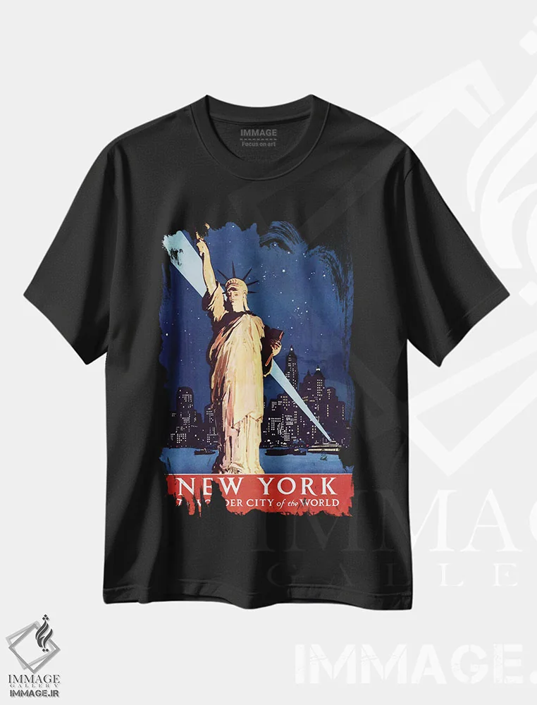 تیشرت مشکی طرح دار پوستر سفر قدیمی مجسمه آزادی نیویورک، دهه 1920، تزئینی اثر پیدیکس | فروشگاه ایماژ