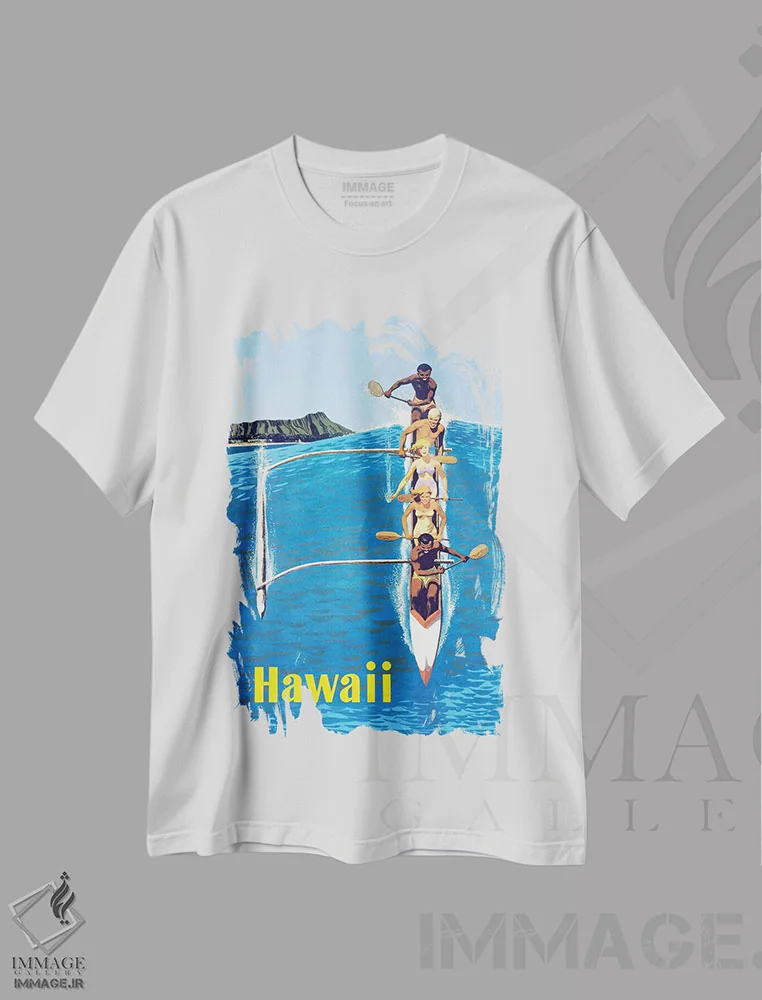 تیشرت سفید طرح دار پوستر سفر ساحل وایکیکی هاوایی، تزئینی اثر پیدیکس | immage.ir