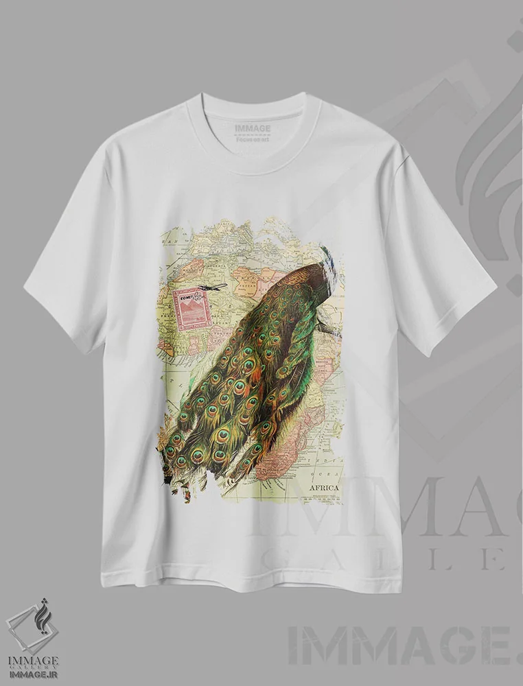 تیشرت سفید طرح دار طاووس، تزئینی اثر پیدیکس | فروشگاه ایماژ