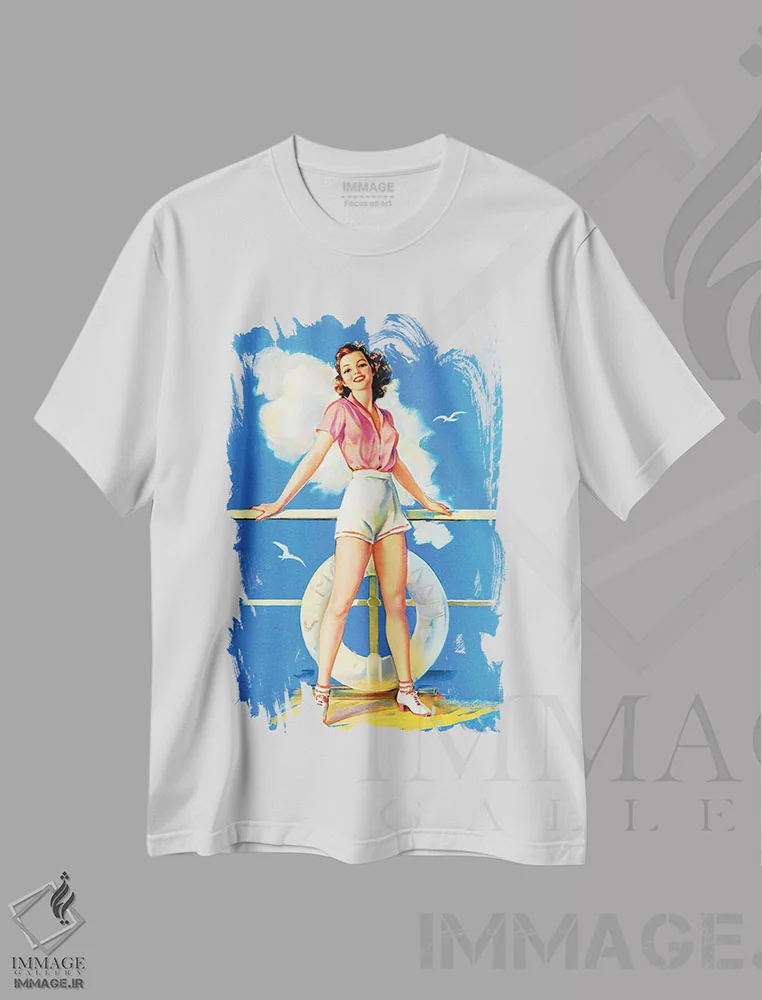تیشرت سفید طرح دار پین آپ رترو همه سوار شو اثر ژول اربیت، هنر دیجیتال اثر پیدیکس | immage.ir