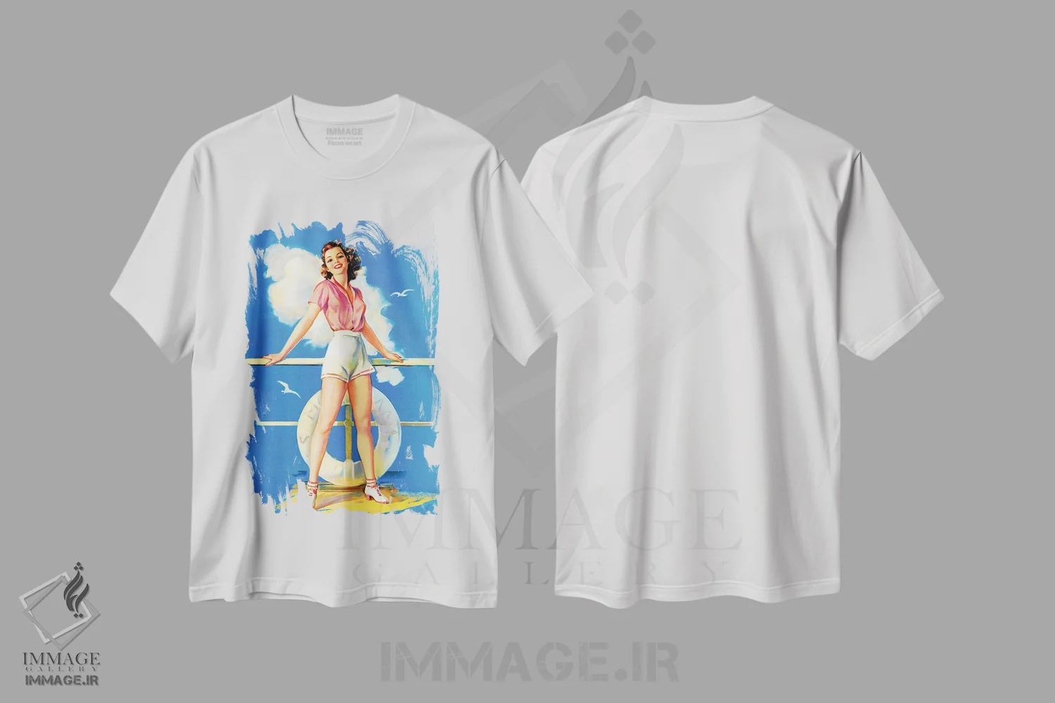 تیشرت سفید طرح دار پین آپ رترو همه سوار شو اثر ژول اربیت، هنر دیجیتال اثر پیدیکس | immage.ir
