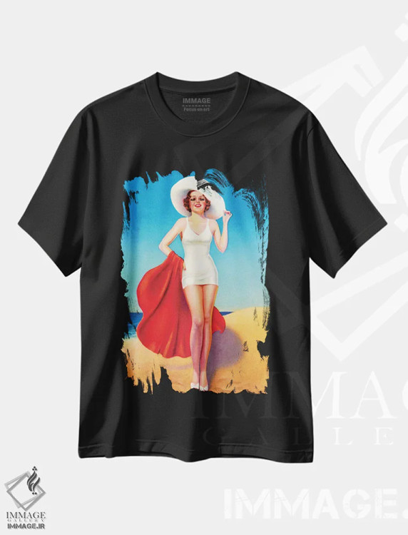 تیشرت مشکی طرح دار پین آپ دختر ساحلی اثر بیلی دویورس، دکور ساحلی اثر پیدیکس | فروشگاه ایماژ