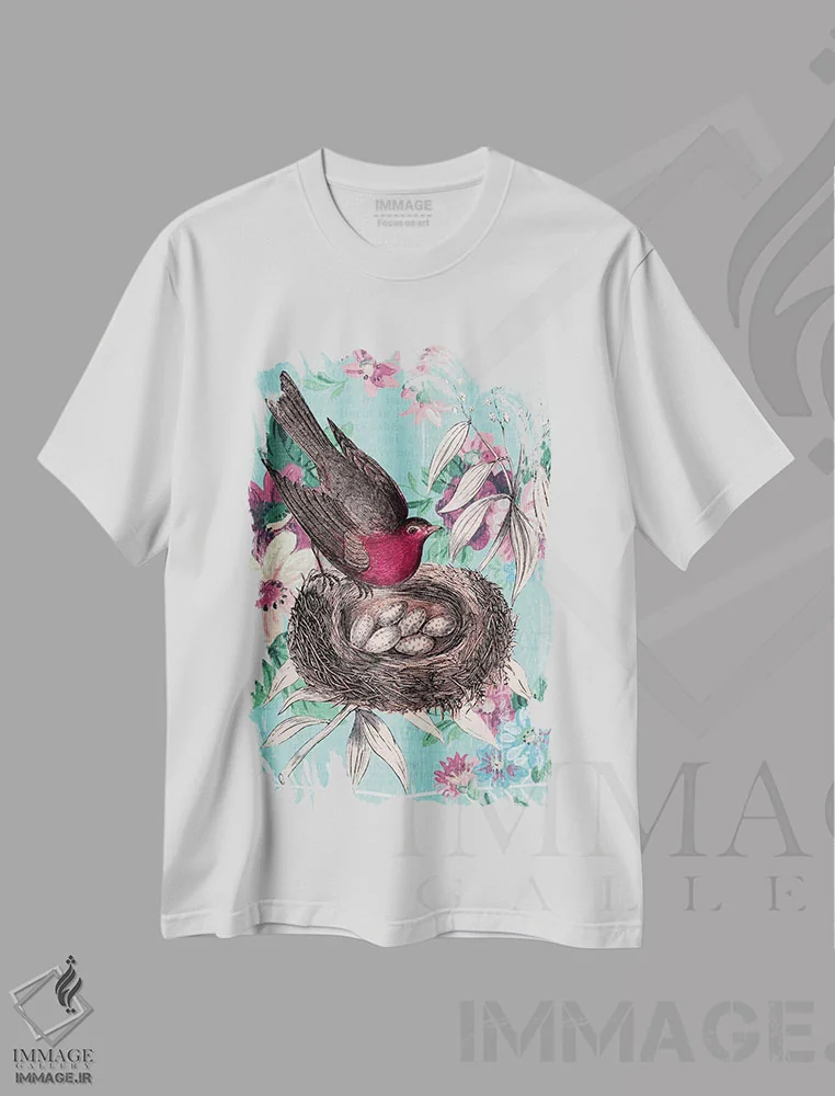تیشرت سفید طرح دار کولاژ لانه پرنده، تزئینی اثر پیدیکس | فروشگاه ایماژ