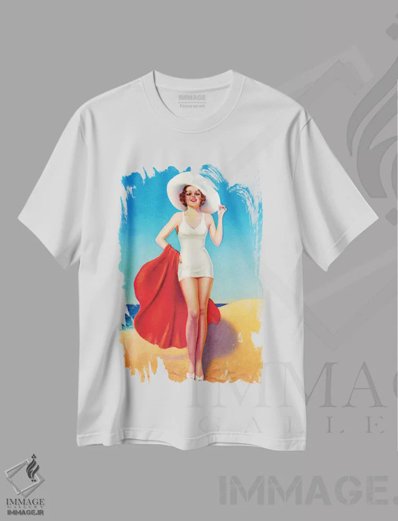 تیشرت سفید طرح دار پین آپ دختر ساحلی اثر بیلی دویورس، دکور ساحلی اثر پیدیکس | immage.ir