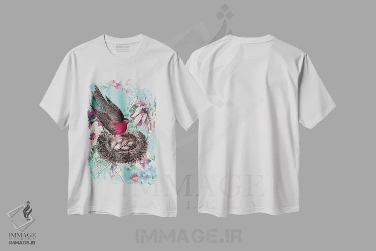 تیشرت سفید طرح دار کولاژ لانه پرنده، تزئینی اثر پیدیکس | فروشگاه ایماژ