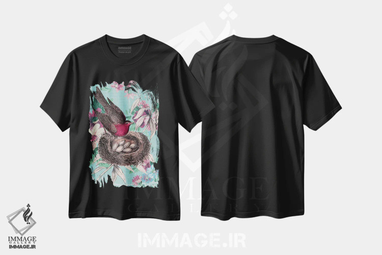 تیشرت مشکی طرح دار کولاژ لانه پرنده، تزئینی اثر پیدیکس | immage.ir