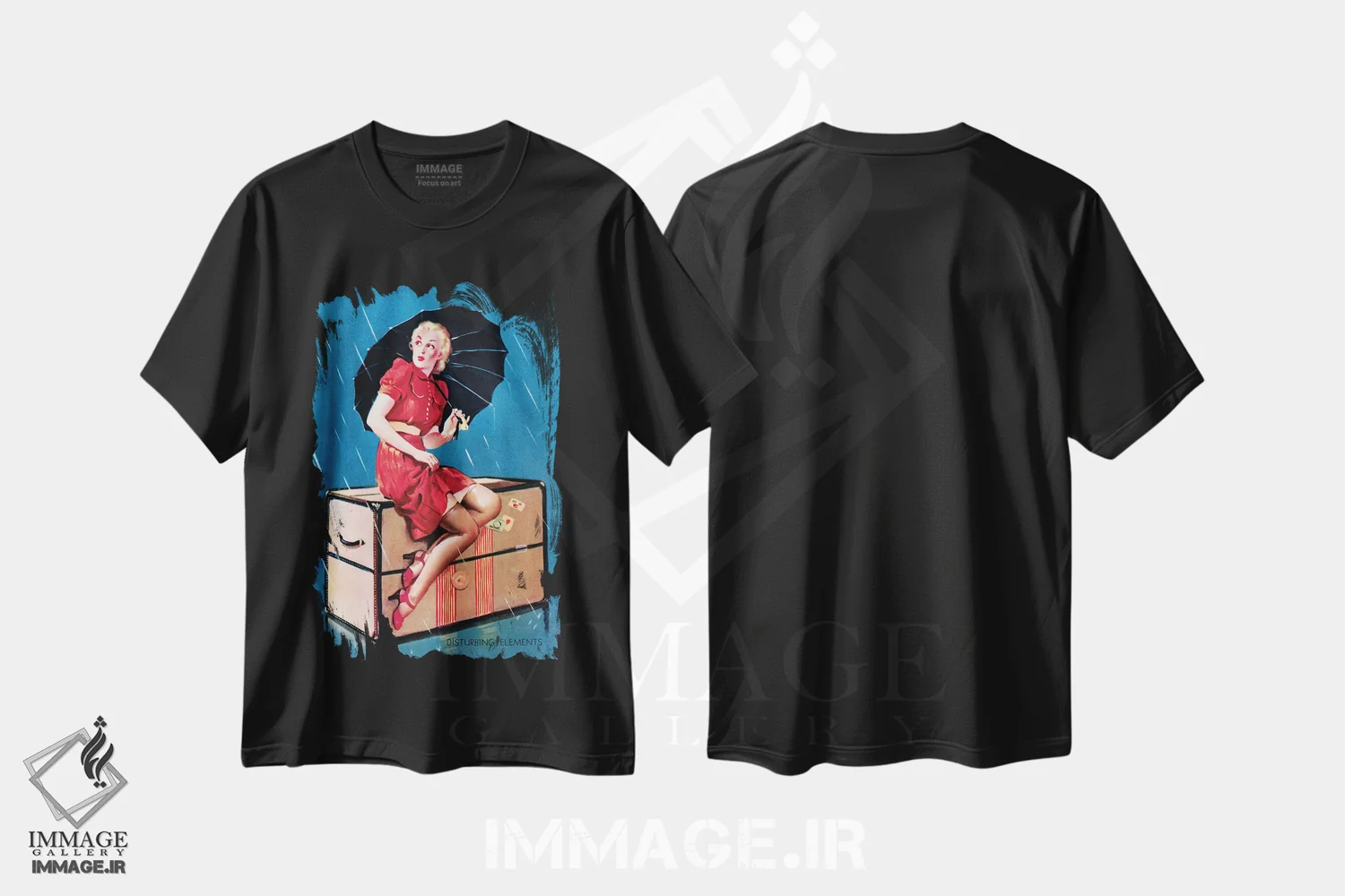 تیشرت مشکی طرح دار پین آپ دختری در باران با چتر اثر گیل الوگرن، تزئینی اثر پیدیکس | فروشگاه ایماژ