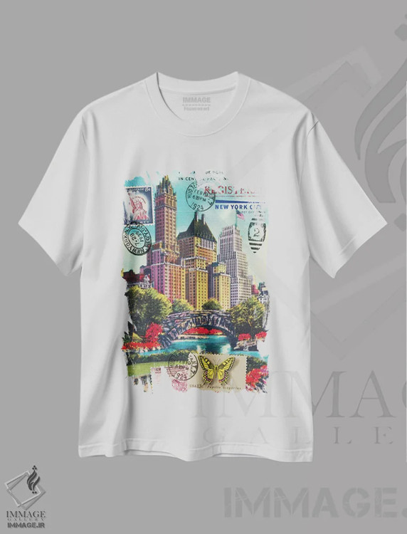 تیشرت سفید طرح دار کولاژ کارت پستال خیابان پنجم در پارک مرکزی، نیویورک، تزئینی اثر پیدیکس | immage.ir
