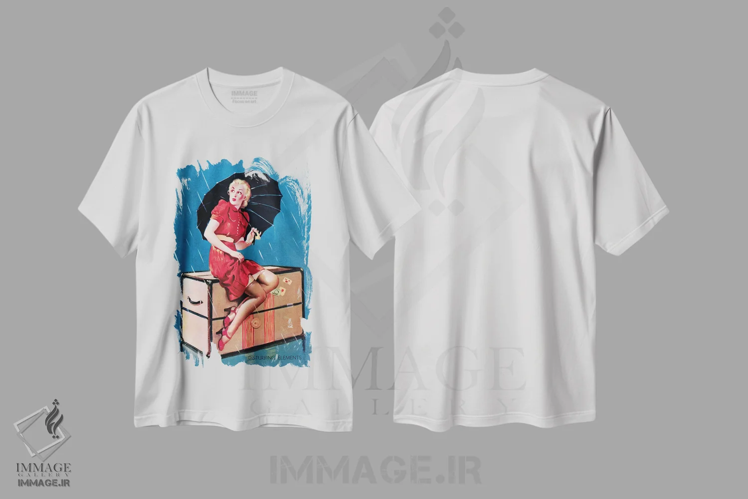 تیشرت سفید طرح دار پین آپ دختری در باران با چتر اثر گیل الوگرن، تزئینی اثر پیدیکس | immage.ir