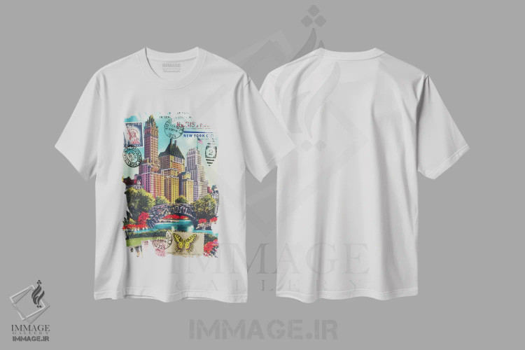 تیشرت سفید طرح دار کولاژ کارت پستال خیابان پنجم در پارک مرکزی، نیویورک، تزئینی اثر پیدیکس | immage.ir