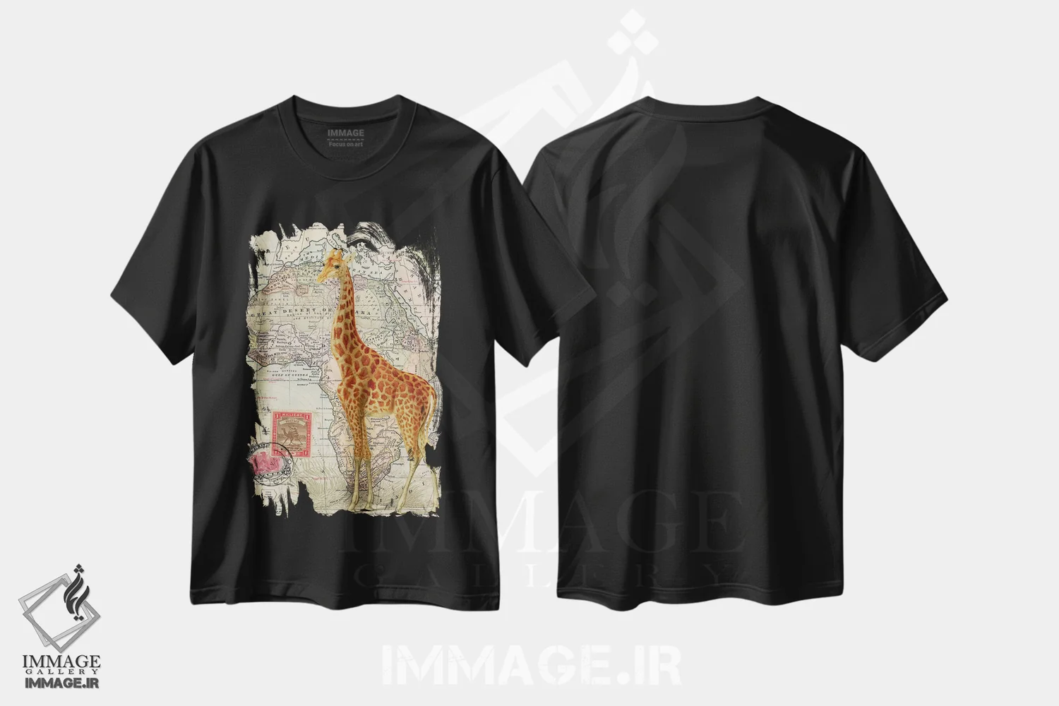 تیشرت مشکی طرح دار زرافه بر روی نقشه قدیمی آفریقا، تزئینی اثر پیدیکس | immage.ir
