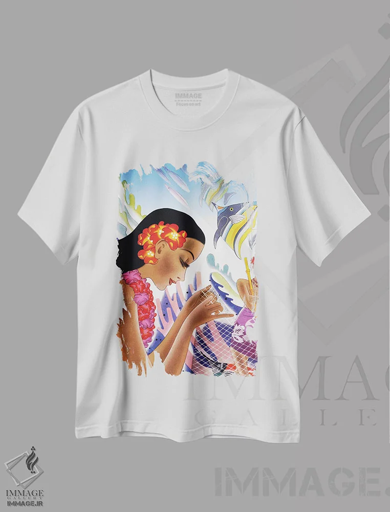 تیشرت سفید طرح دار هاوایی دهه 1940، تزئینی اثر پیدیکس | فروشگاه ایماژ