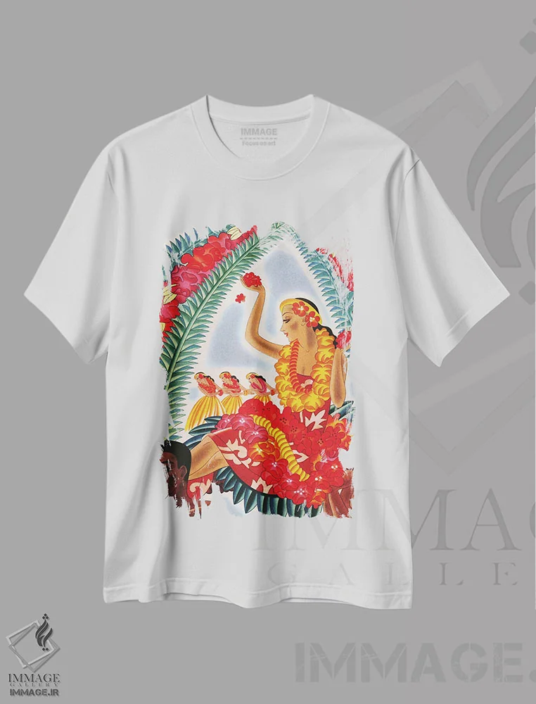 تیشرت سفید طرح دار هولا هاوایی، دهه 1940، تزئینی اثر پیدیکس | فروشگاه ایماژ
