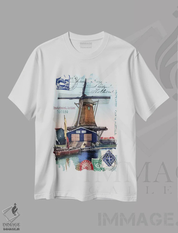 تیشرت سفید طرح دار کولاژ کارت پستال قدیمی آسیاب بادی هلند، تزئینی اثر پیدیکس | فروشگاه ایماژ