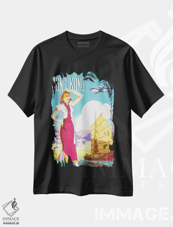 تیشرت مشکی طرح دار پوستر قدیمی سفر هنگ کنگ، تزئینی اثر پیدیکس | فروشگاه ایماژ