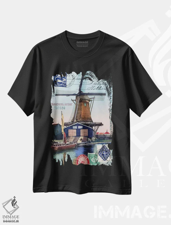 تیشرت مشکی طرح دار کولاژ کارت پستال قدیمی آسیاب بادی هلند، تزئینی اثر پیدیکس | immage.ir