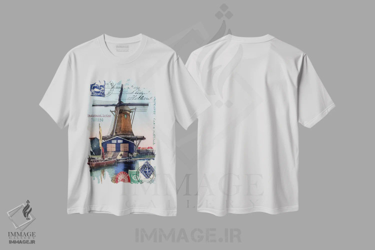تیشرت سفید طرح دار کولاژ کارت پستال قدیمی آسیاب بادی هلند، تزئینی اثر پیدیکس | فروشگاه ایماژ