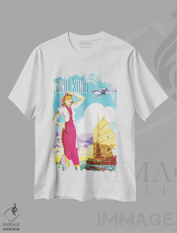 تیشرت سفید طرح دار پوستر قدیمی سفر هنگ کنگ، تزئینی اثر پیدیکس | immage.ir