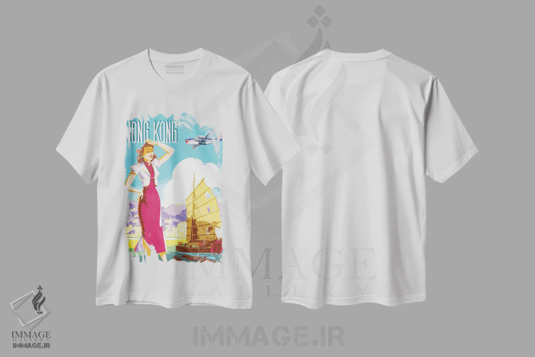 تیشرت سفید طرح دار پوستر قدیمی سفر هنگ کنگ، تزئینی اثر پیدیکس | immage.ir