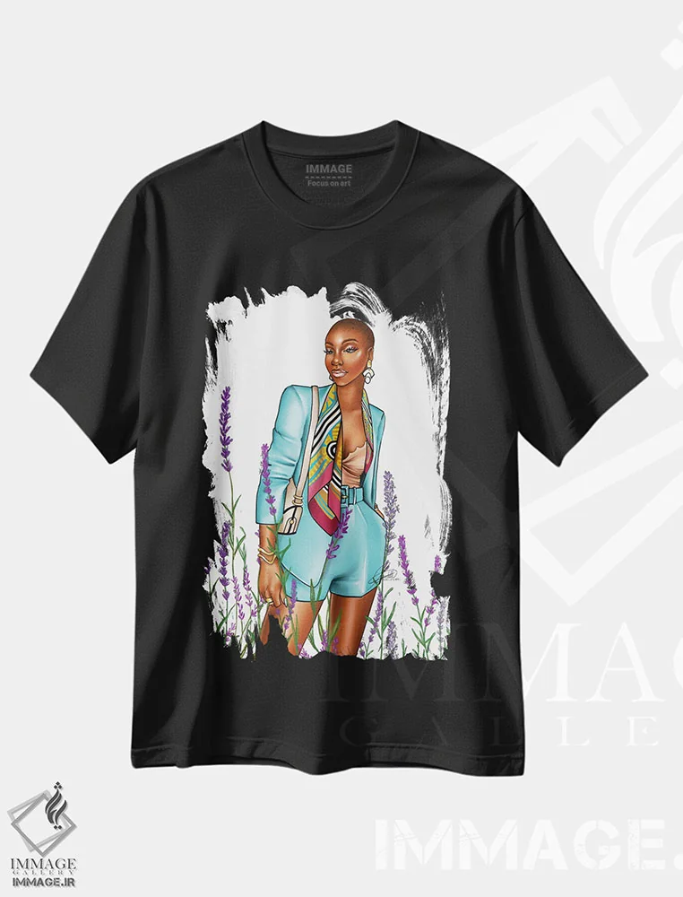 تیشرت مشکی طرح دار آبی اسطوخودوس، هنر آمریکایی آفریقایی تبار اثر پنیل انچیل | فروشگاه ایماژ