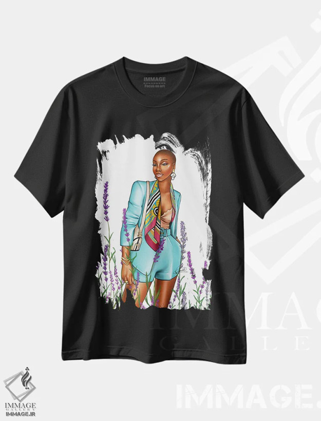 تیشرت مشکی طرح دار آبی اسطوخودوس، هنر آمریکایی آفریقایی تبار اثر پنیل انچیل | فروشگاه ایماژ