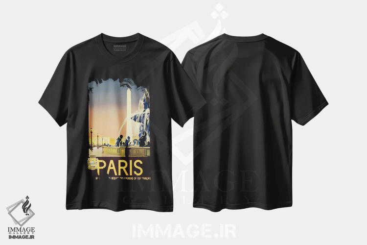 تیشرت مشکی طرح دار پوستر سفر پلایس دو لا کُرکورد، پاریس، فرانسه، دهه 1930، تزئینی اثر پیدیکس | فروشگاه ایماژ