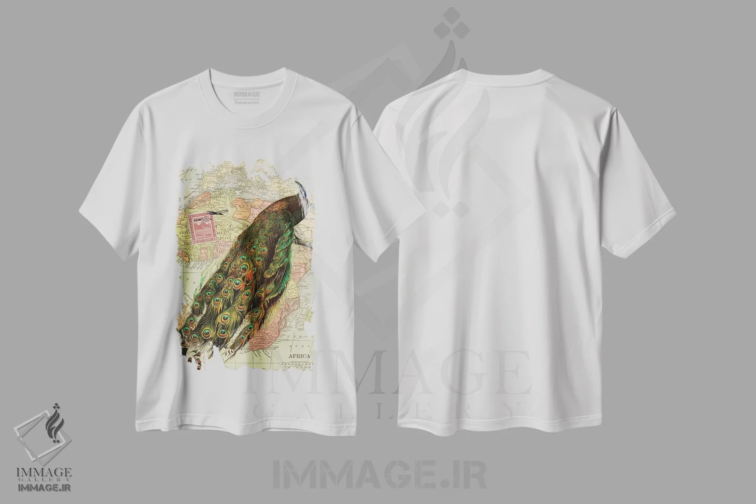 تیشرت سفید طرح دار کولاژ طاووس روی نقشه آفریقا، تزئینی اثر پیدیکس | فروشگاه ایماژ
