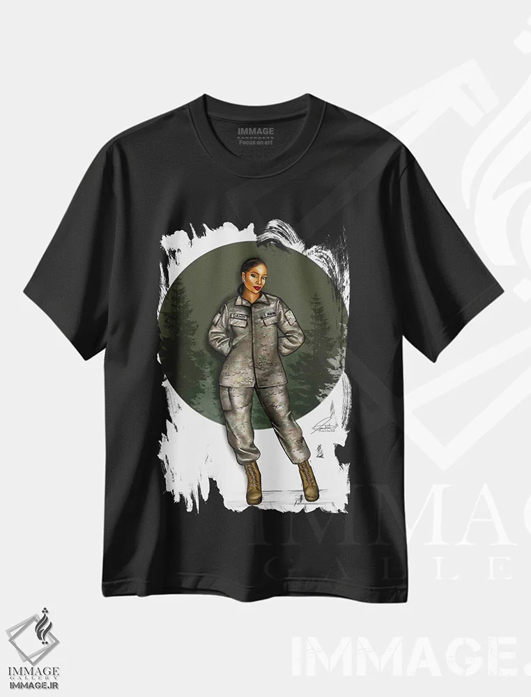 تیشرت مشکی طرح دار سبز ارتشی، هنر آمریکایی آفریقایی تبار اثر پنیل انچیل | فروشگاه ایماژ