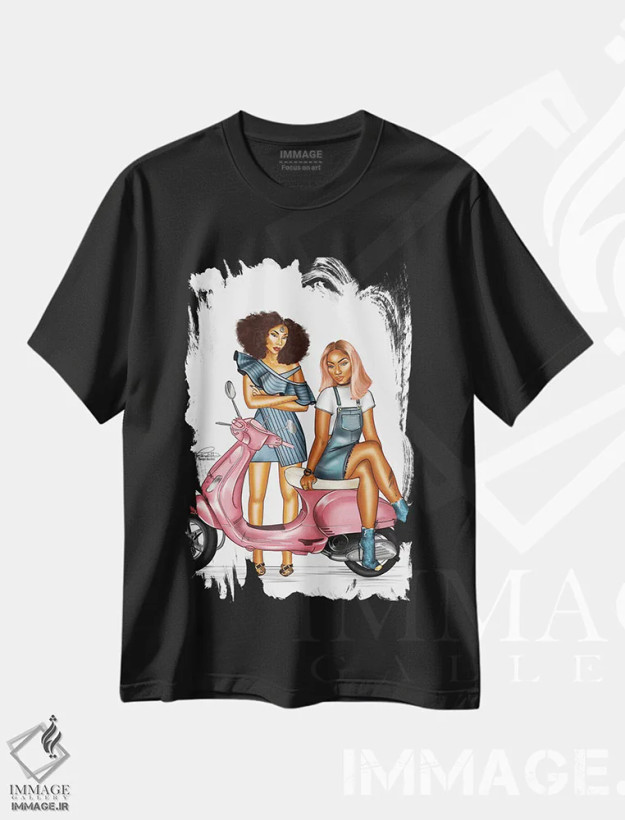 تیشرت مشکی طرح دار بایک های جین صورتی، هنر آمریکایی آفریقایی تبار اثر پنیل انچیل | فروشگاه ایماژ