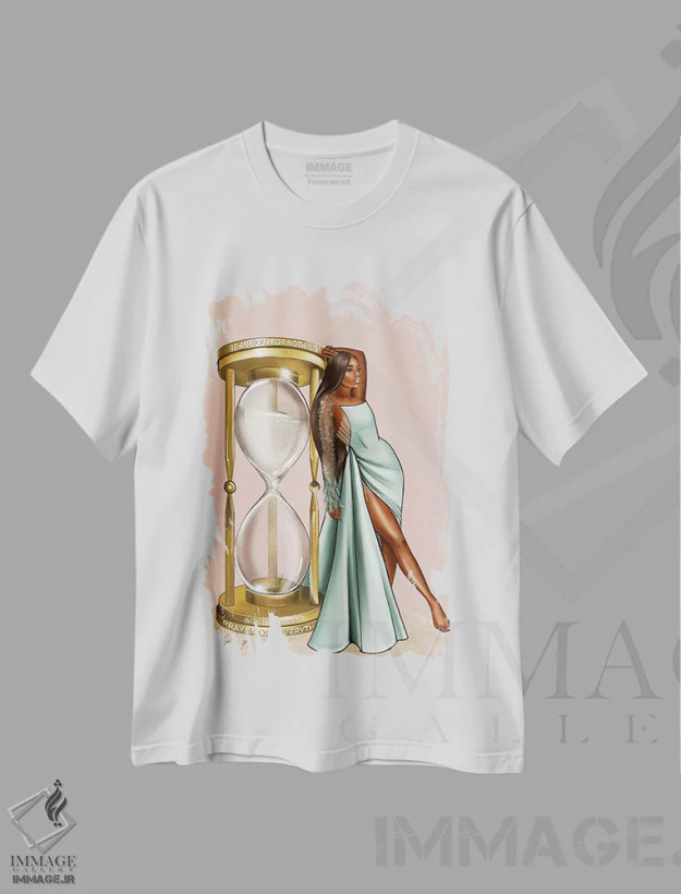 تیشرت سفید طرح دار ساعت شنی طلایی، هنر آمریکایی آفریقایی تبار اثر پنیل انچیل | فروشگاه ایماژ