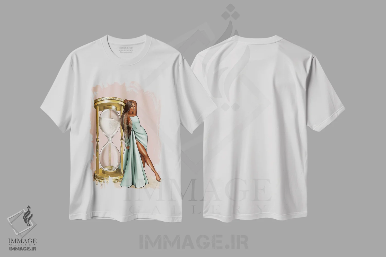 تیشرت سفید طرح دار ساعت شنی طلایی، هنر آمریکایی آفریقایی تبار اثر پنیل انچیل | فروشگاه ایماژ