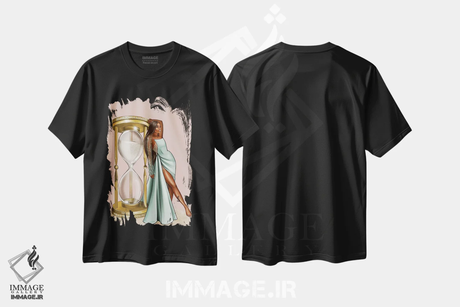تیشرت مشکی طرح دار ساعت شنی طلایی، هنر آمریکایی آفریقایی تبار اثر پنیل انچیل | immage.ir