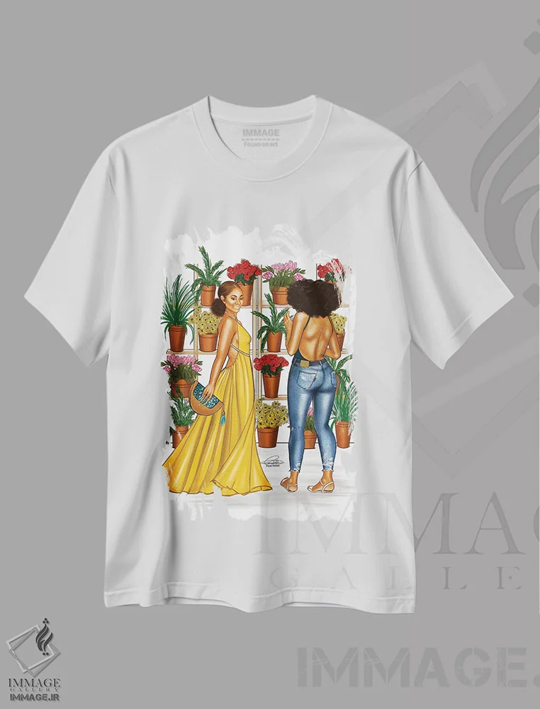 تیشرت سفید طرح دار دختران گیاهی، هنر آمریکایی آفریقایی تبار اثر پنیل انچیل | فروشگاه ایماژ