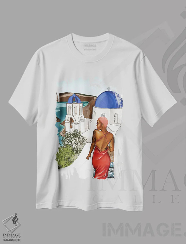 تیشرت سفید طرح دار وحشی در سانتورینی، هنر آمریکایی آفریقایی تبار اثر پنیل انچیل | فروشگاه ایماژ