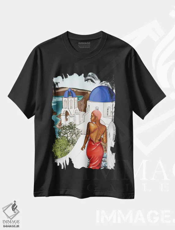 تیشرت مشکی طرح دار وحشی در سانتورینی، هنر آمریکایی آفریقایی تبار اثر پنیل انچیل | immage.ir