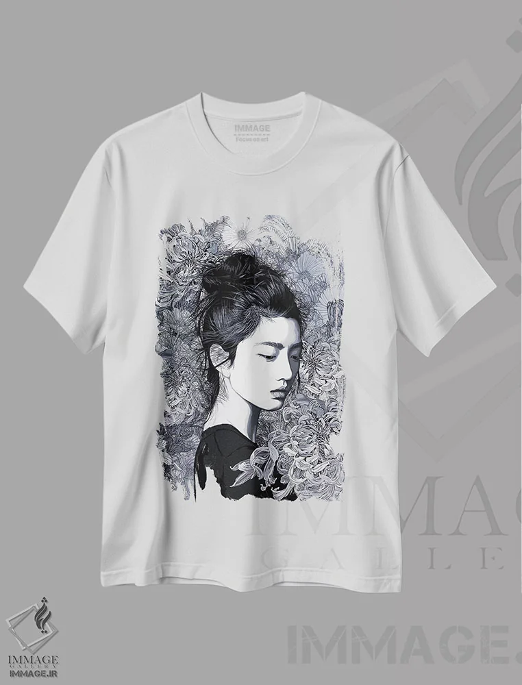 تیشرت سفید طرح دار پس از سپیده دم، دکور آسیایی اثر پدرو تاپا | فروشگاه ایماژ
