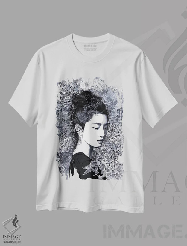 تیشرت سفید طرح دار پس از سپیده دم، دکور آسیایی اثر پدرو تاپا | فروشگاه ایماژ