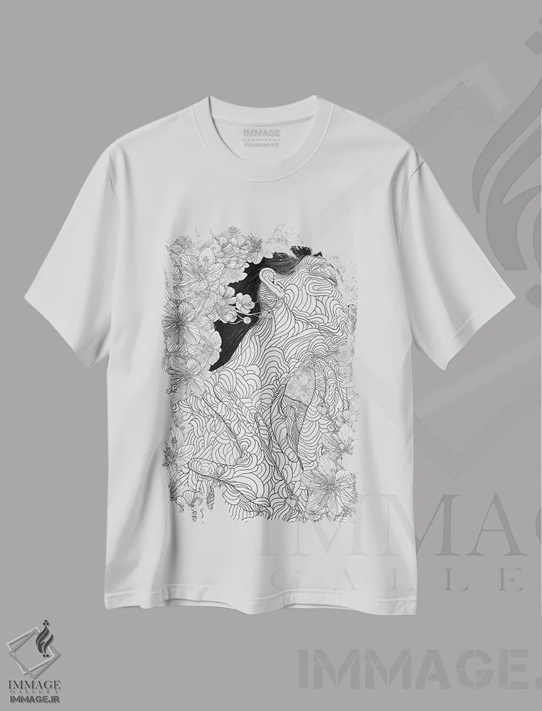 تیشرت سفید طرح دار میوز و آفرینش، هنر تزئینی سیاه و سفید اثر پدرو تاپا | immage.ir