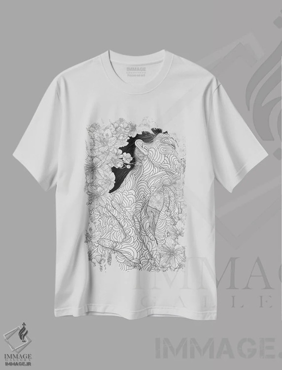 تیشرت سفید طرح دار میوز و آفرینش، هنر تزئینی سیاه و سفید اثر پدرو تاپا | immage.ir