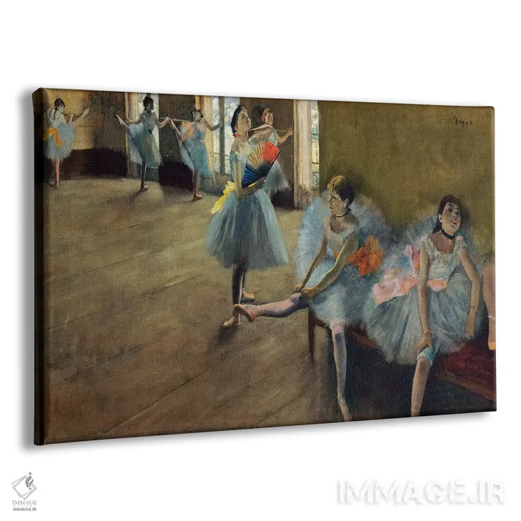 تابلو رقاصان کنار ریل اثر ادگار دگا (نقاش و مجسمهساز فرانسوی) - نمای پرسپکتیو محصول