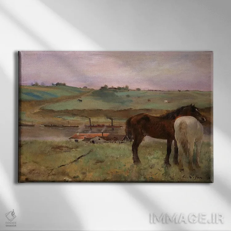 تابلو اسبها در چمنزار، ۱۸۷۱ اثر ادگار دگا (نقاش و مجسمهساز فرانسوی) - نمای روبهرو روی دیوار