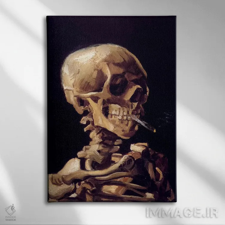 تابلو سر اسکلت با سیگار روشن، حدود ۱۸۸۵–۱۸۸۶ اثر ونسان ون گوگ (نقاش مشهور هلندی پستامپرسیونیسم) - نمای روبهرو روی دیوار