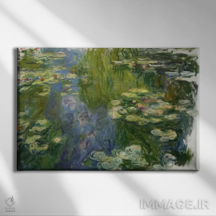 تابلو حوضچه نیلوفرهای آبی اثر کلود مونه (نقاش معروف فرانسوی) - نمای روبهرو روی دیوار