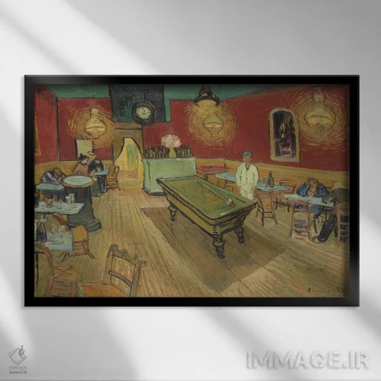 تابلو کافه شب، ۱۸۸۸ اثر ونسان ون گوگ (نقاش مشهور هلندی پستامپرسیونیسم) - نمای قابدار مشکی